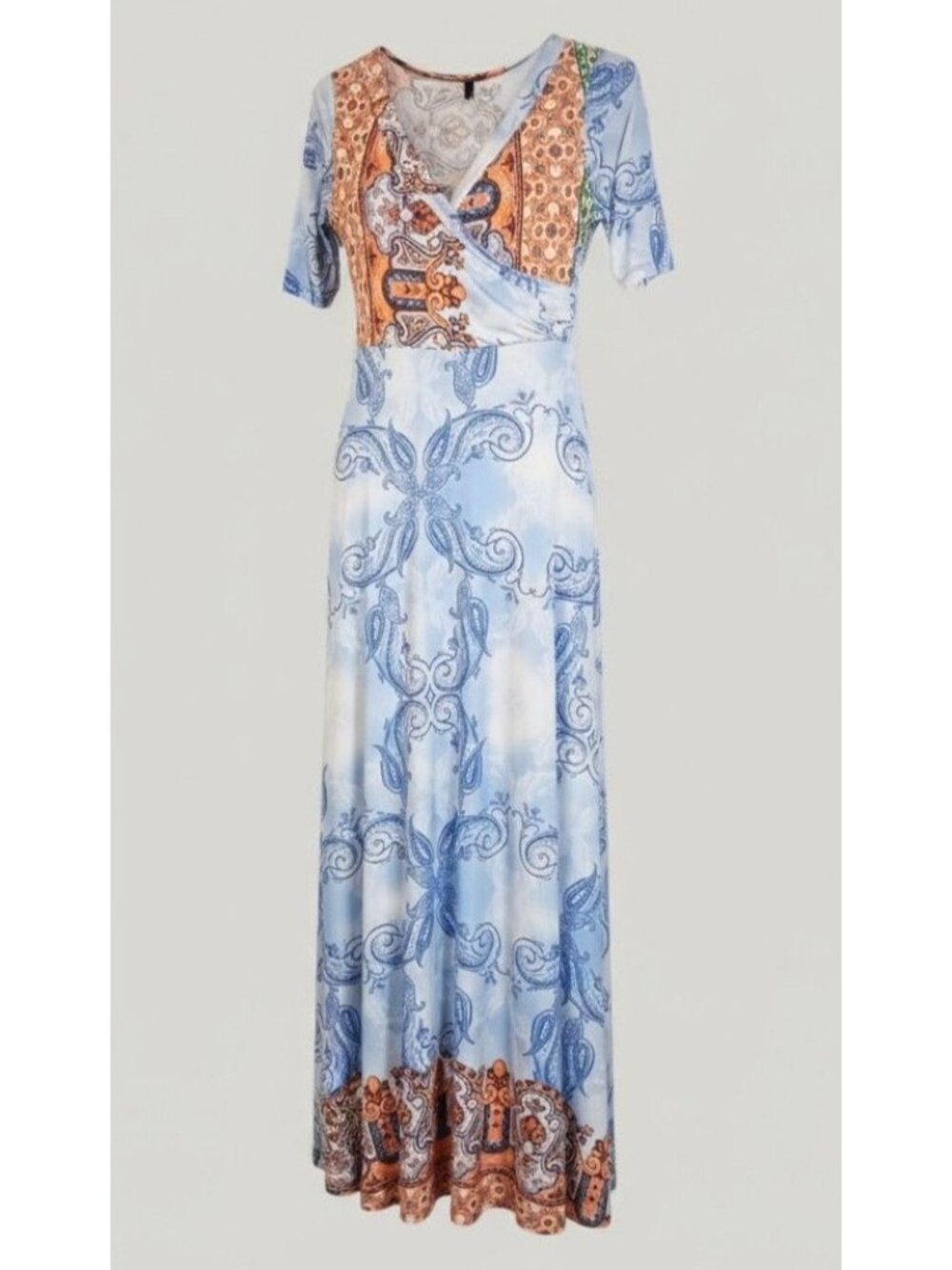 Uptown USA Maxi Dress Womens S Blue Orange Paisley Boho Surplice Short Sleeve